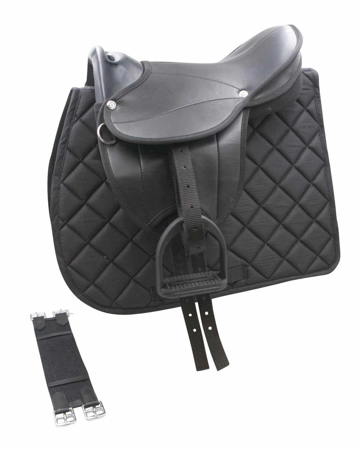 Schwarzer Sattel auf schwarzer Steppdecke. Mit Steigbügeln und Gurt. Für Ponys und Shettys.
