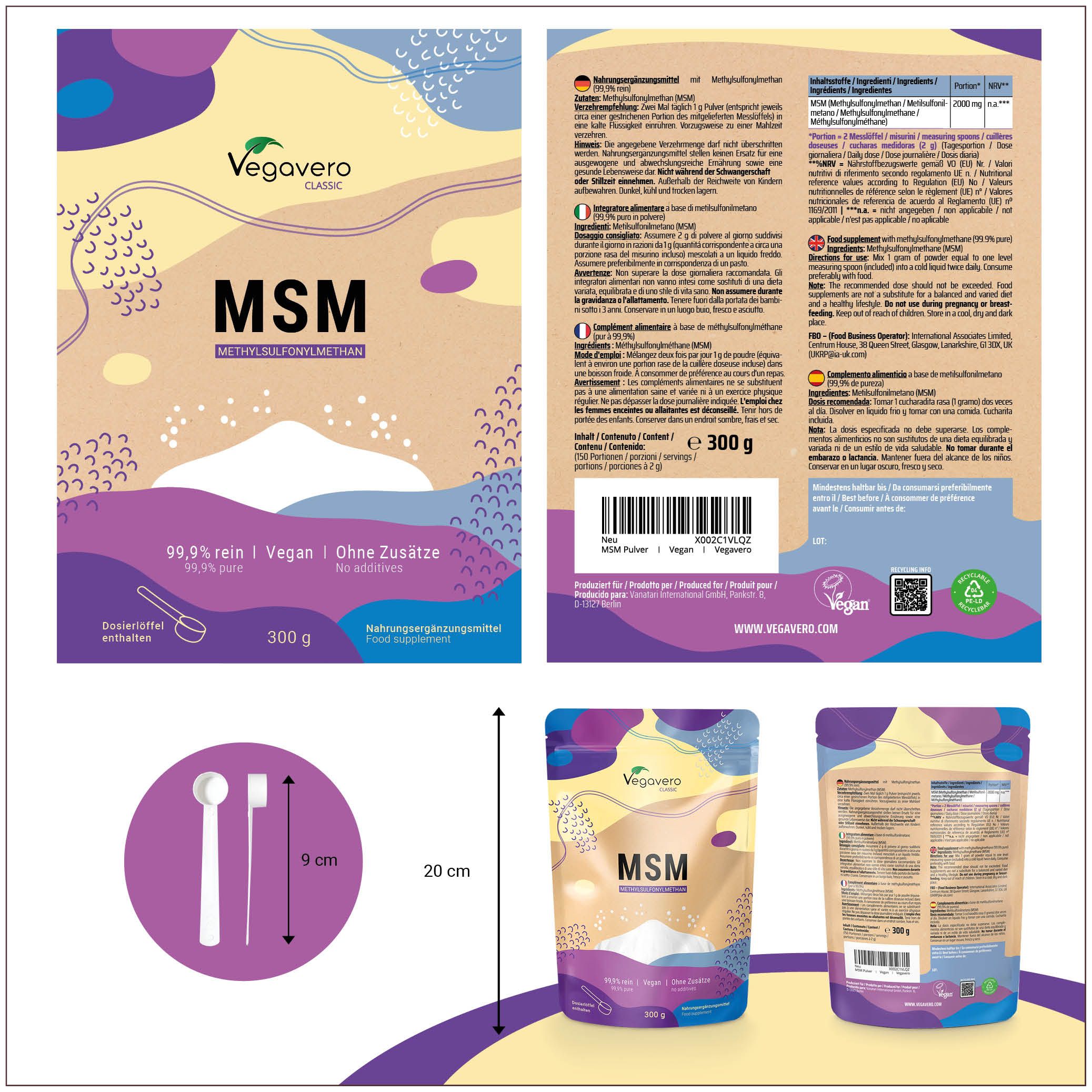 Produktverpackung von VEGAVERO MSM Pulver. Vorder- und Rückseite mit Informationen. Enthält eine Messlöffel-Abbildung. Abmessungen: 20x9 cm.