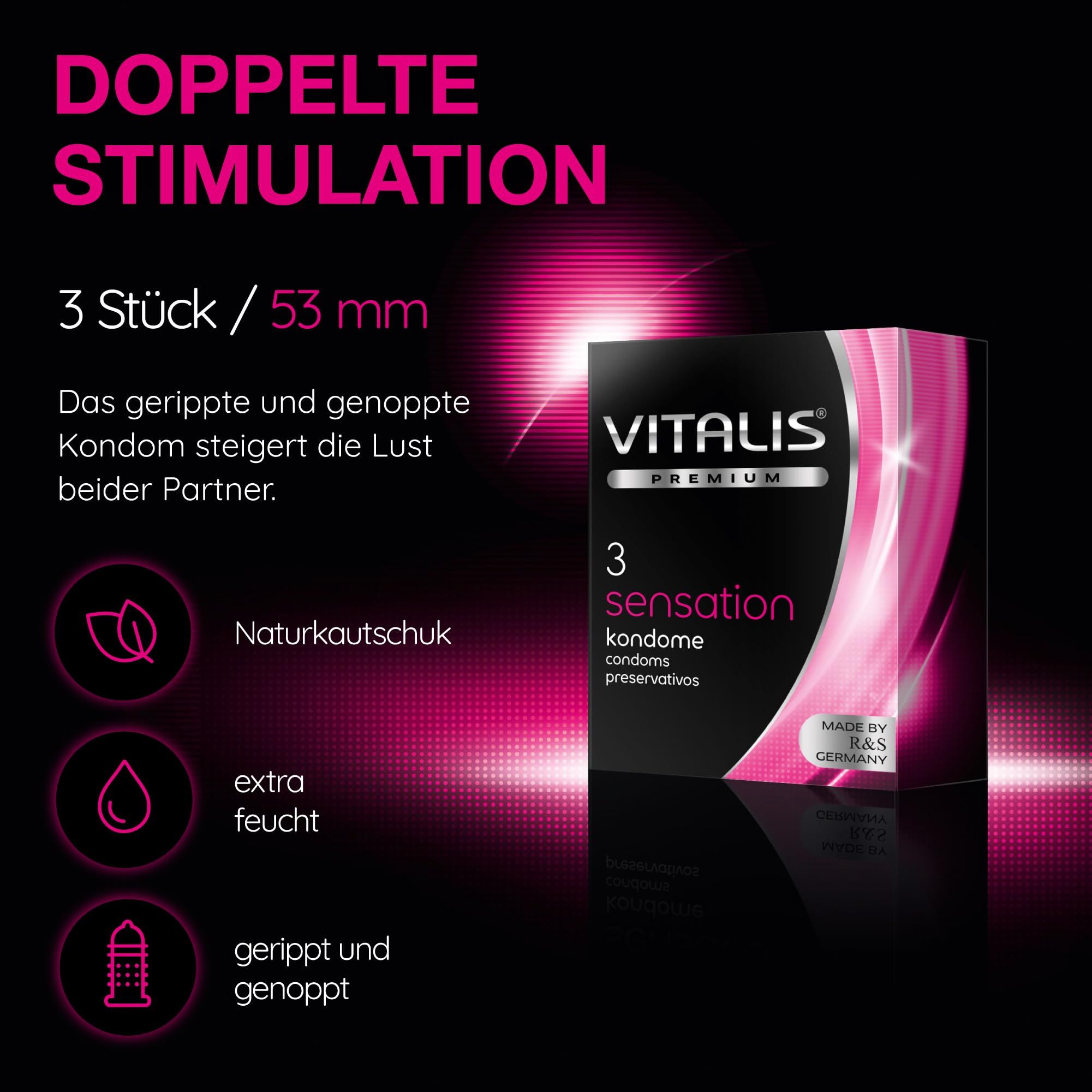 Vitalis PREMIUM Sensation: 3 Stück, 53 mm. Gerippt und genoppt für Stimulation.