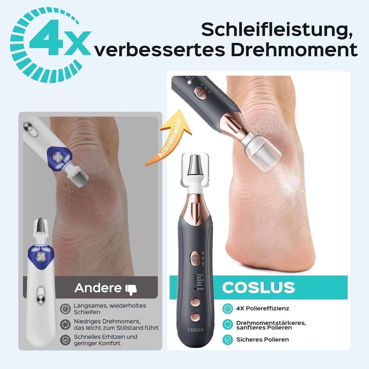 Elektrische Nagelfräser. Vergleich: COSLUS-Gerät vs. anderes. COSLUS: 4x Polierleistung, verbessertes Drehmoment, sicheres Polieren.