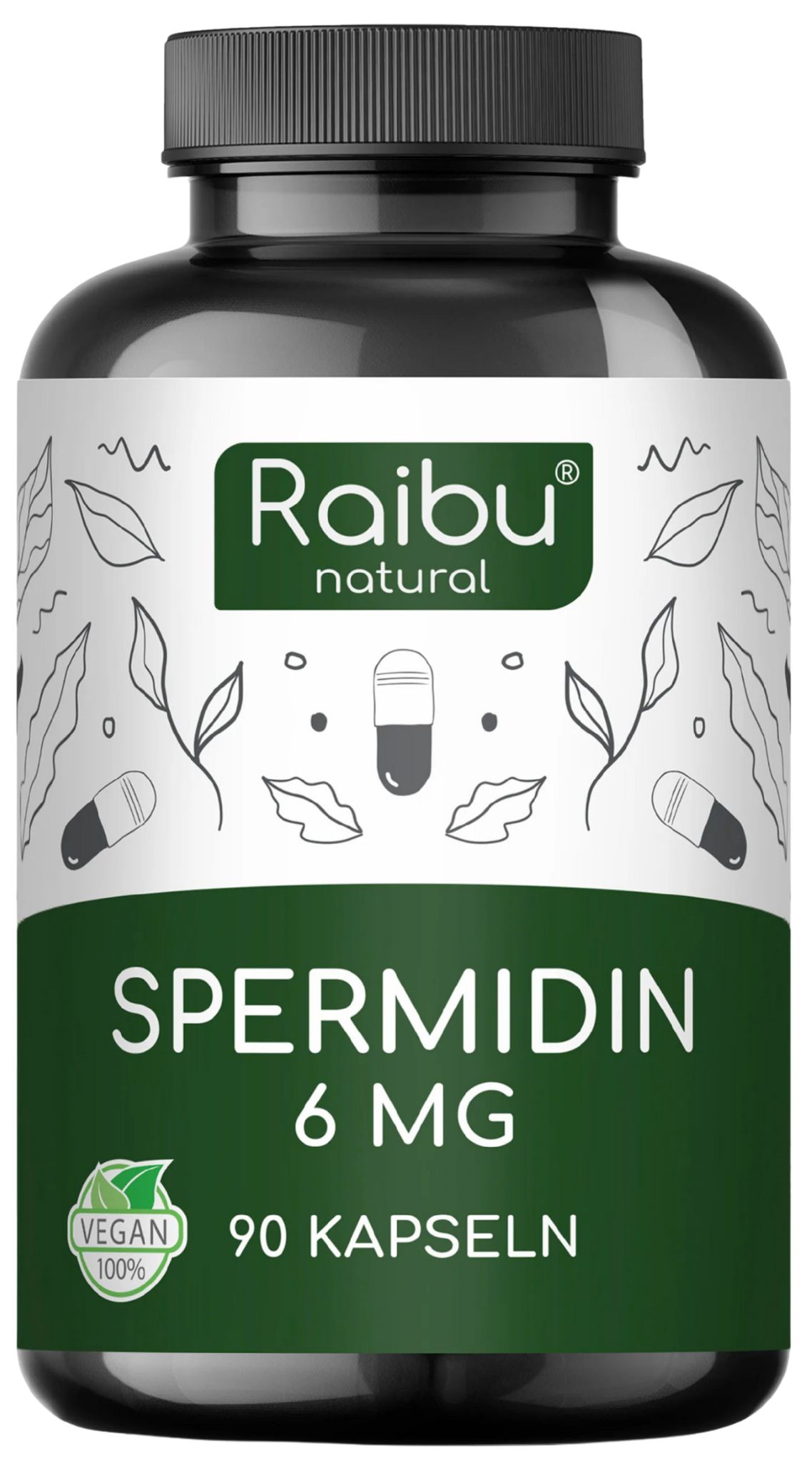 Schwarze Flasche mit weißem Etikett. Aufschrift: Spermidin 6 MG, 90 Kapseln. Marke: Raibu natural. Vegan-Siegel.
