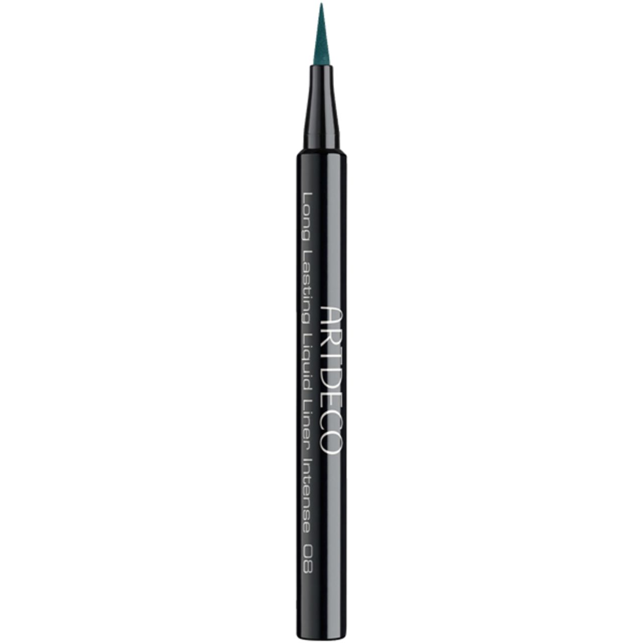 Schwarzer Eyeliner mit grüner Spitze. Aufschrift: ARTDECO Long Lasting Liquid Liner Intense 08.
