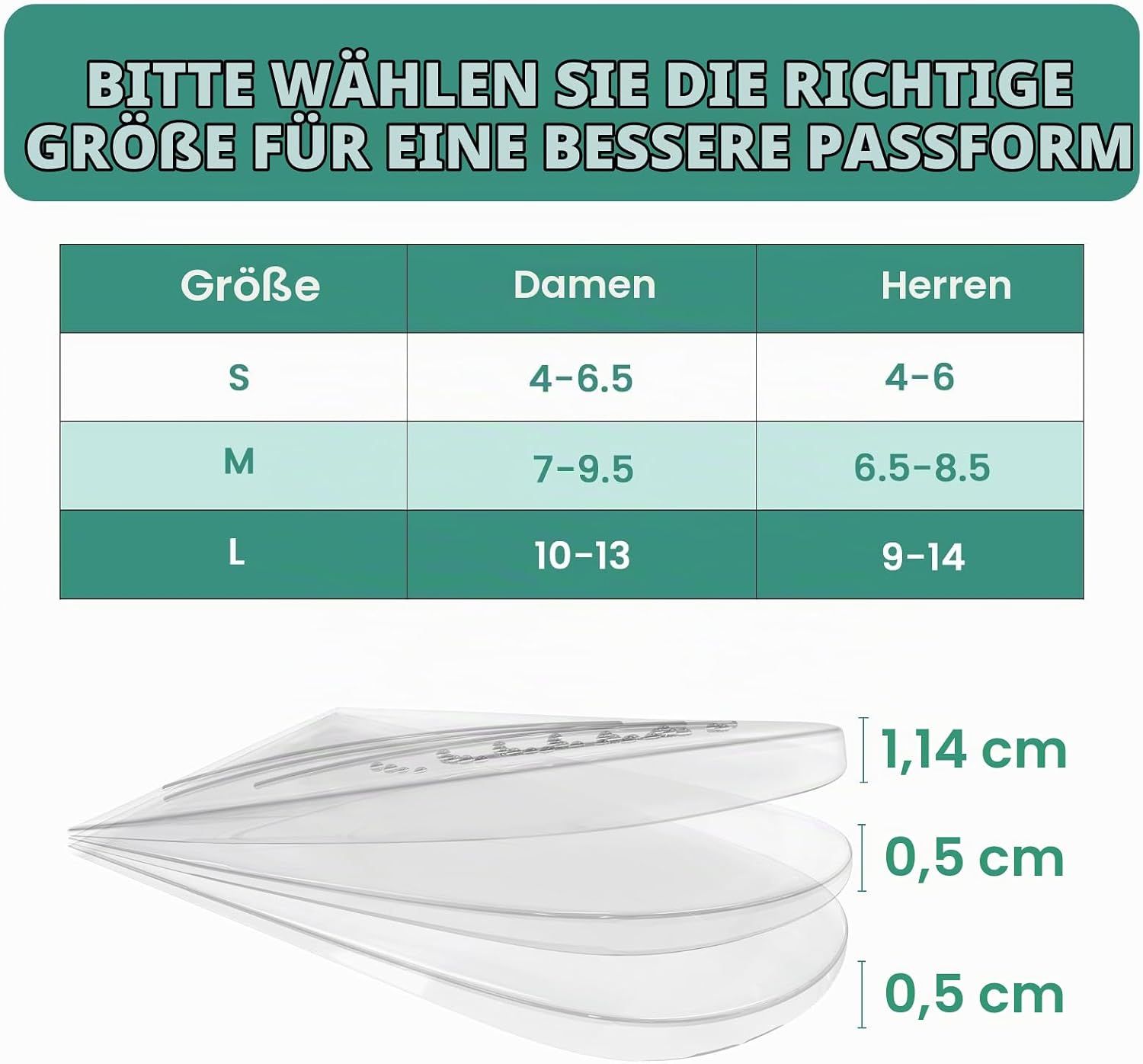 Größentabelle für Einlegesohlen: Damen und Herren Größen S, M, L mit entsprechenden Schuhgrößen.