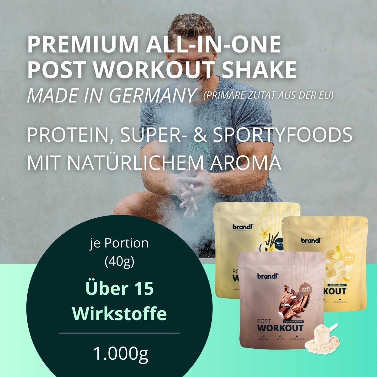 Drei Beutel brandl® Protein-Pulver. Text: „Premium All-in-One Post Workout Shake“. Über 15 Wirkstoffe, 1.000g.