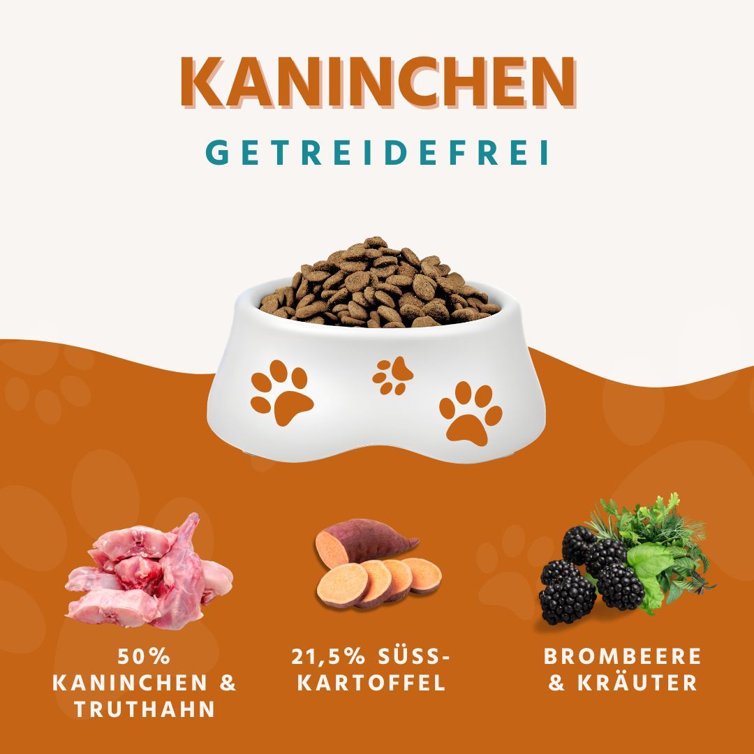 Hundefutter mit Kaninchen und Süßkartoffel, getreidefrei.