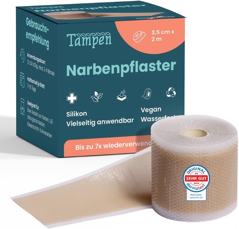 Produktverpackung und Rolle Narbenpflaster. Box mit Produktnamen und Informationen. Rolle mit Pflaster.