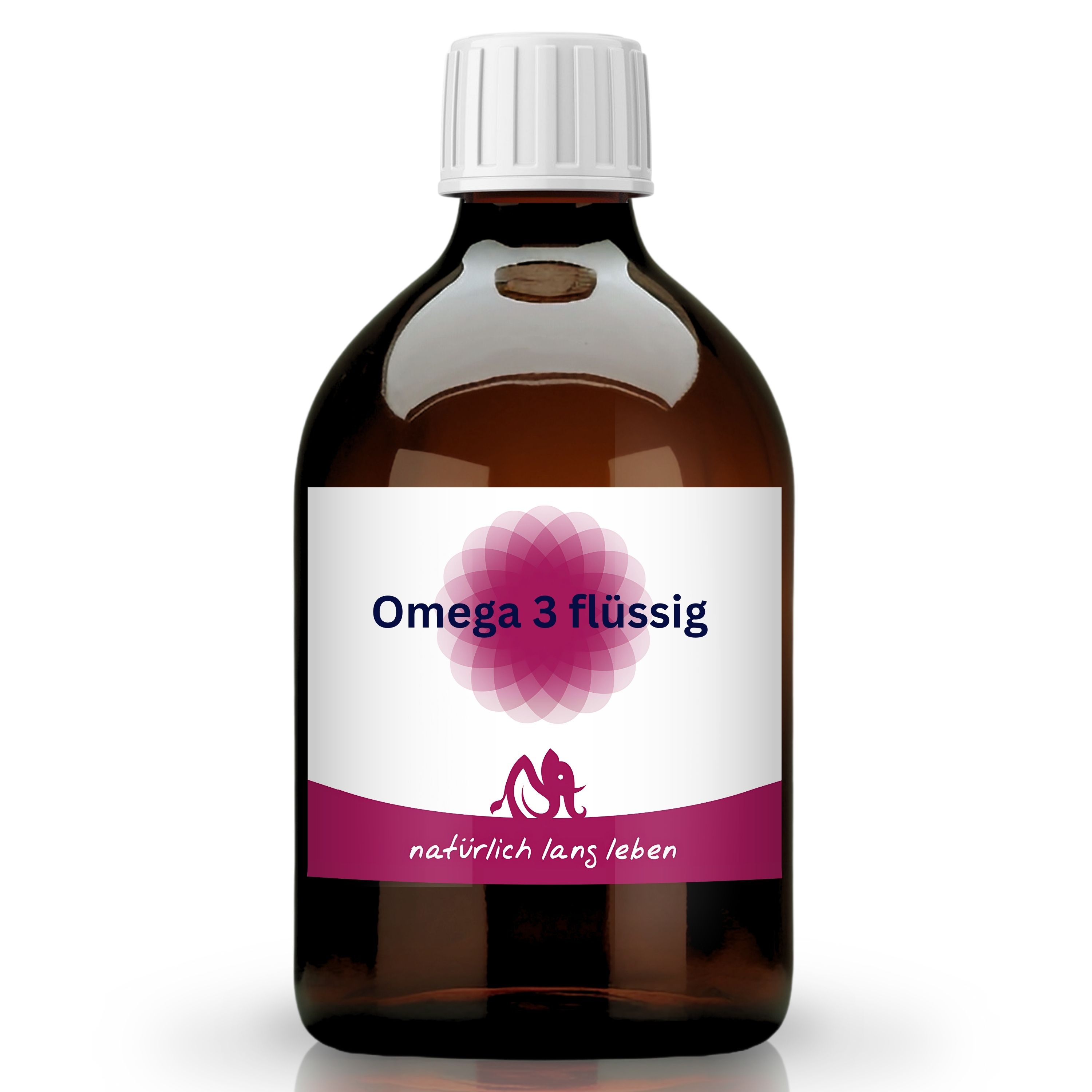 Braune Glasflasche mit weißem Deckel und Etikett. Aufschrift: Omega 3 flüssig. Logo und Schriftzug: natürlich lang leben.