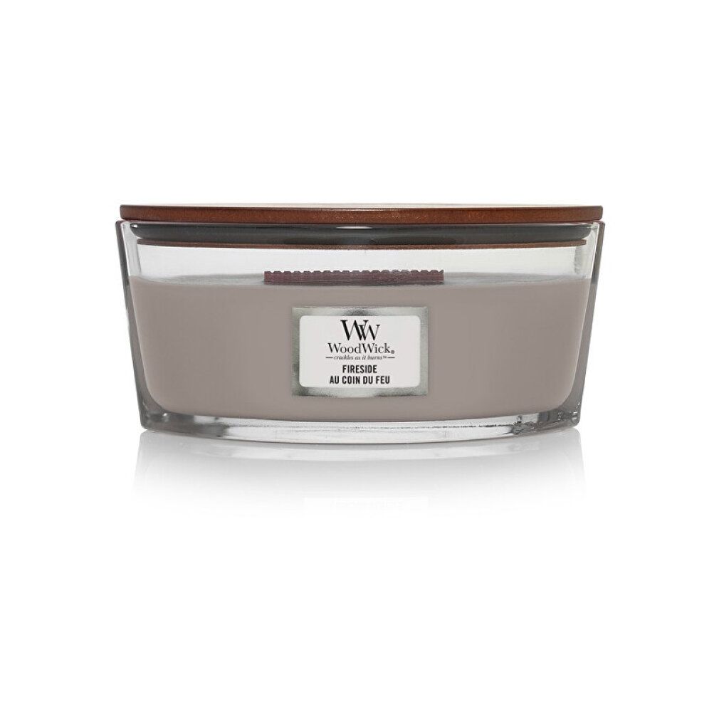 Elliptische Kerze mit Holzdeckel. 'WoodWick' und 'Fireside' Label. Graue Wachsfarbe.