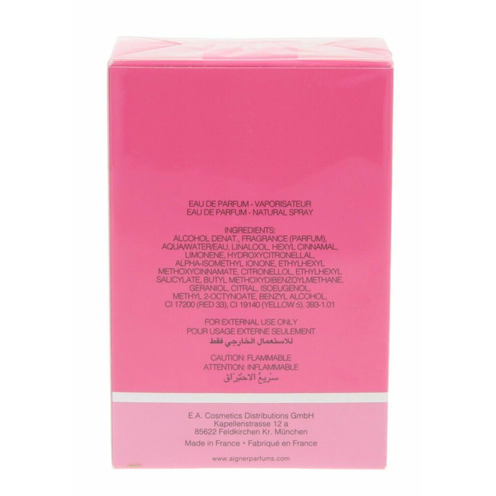 Rosa Verpackung, Rückseite mit Text. Enthält Inhaltsstoffe, Warnhinweise und Herstellerinformationen.