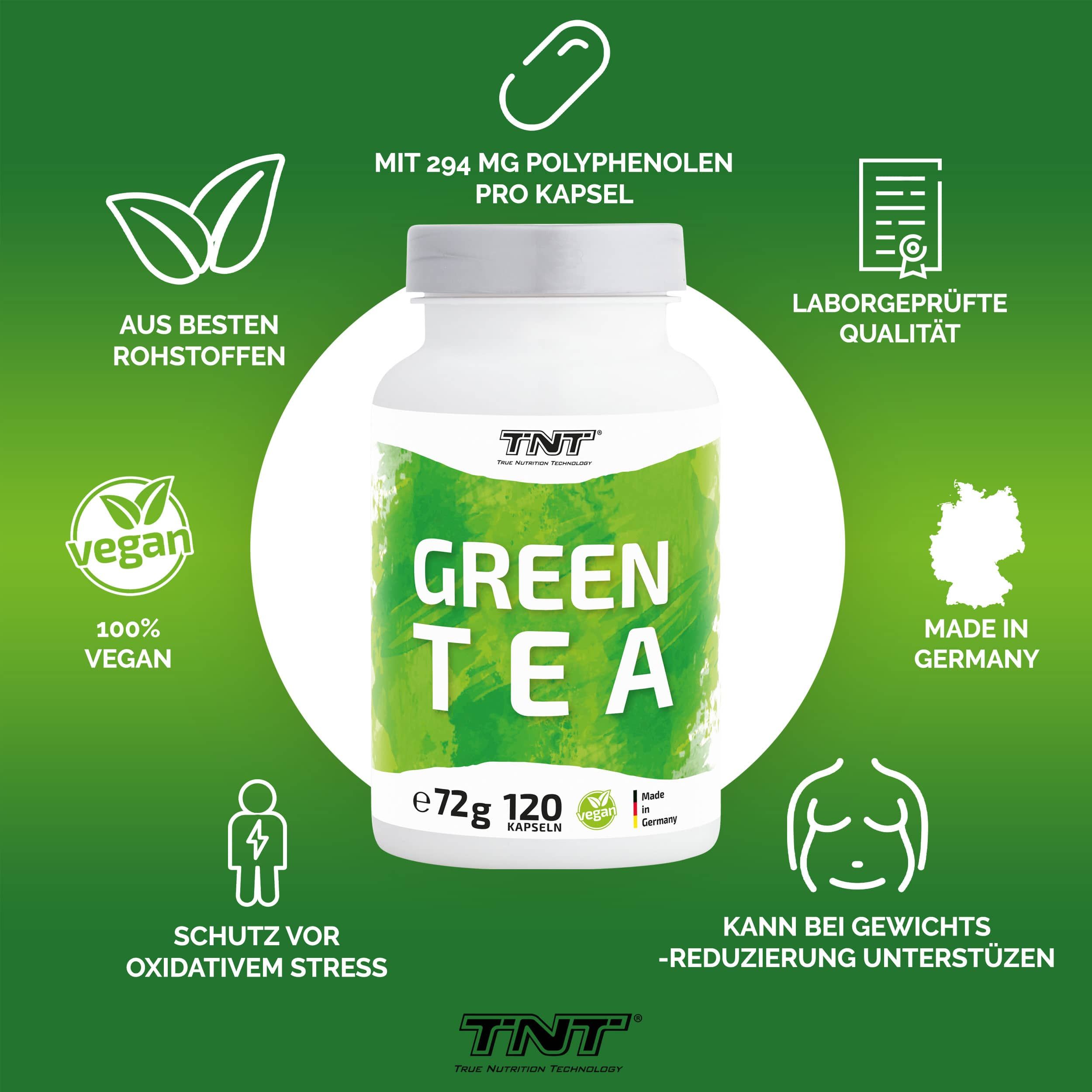 Produktflasche mit grünen Elementen. Text: GREEN TEA, 120 Kapseln. Logos: vegan, Laborgeprüft, Made in Germany.