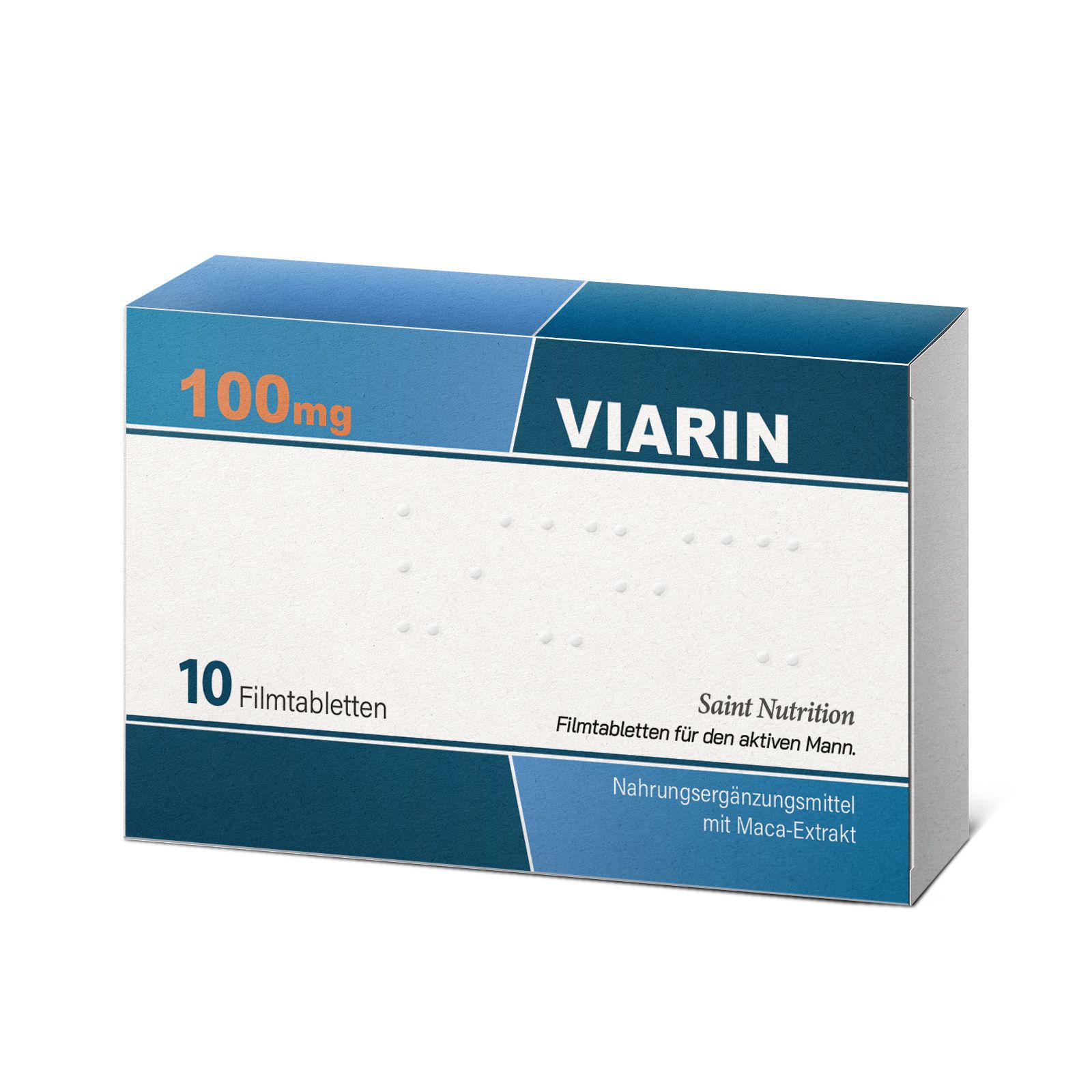 Viarin Filmtabletten-Packung. Blaue und weiße Schachtel mit Produktnamen, Dosierung und Anzahl der Tabletten. Enthält Text.