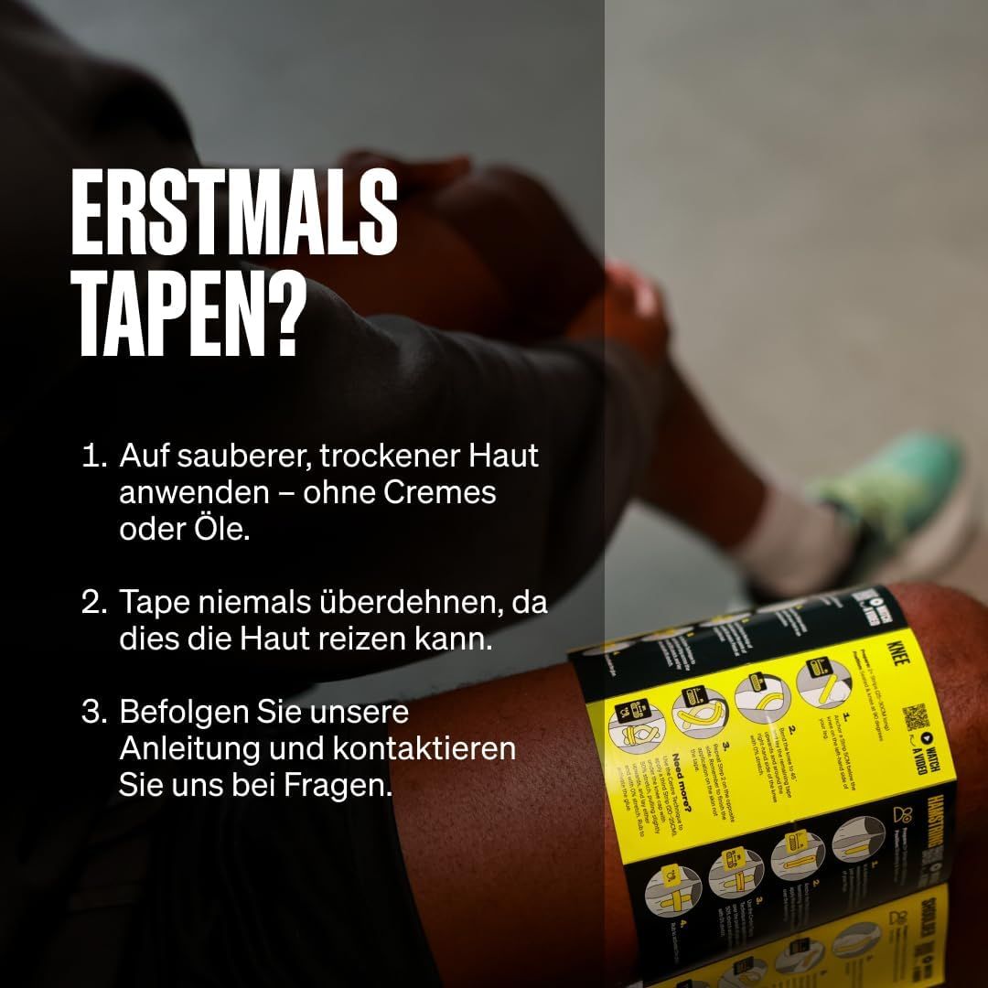 Anwendungshinweise für Kinesiologie-Tape auf einem Arm. Text: "Erstmals Tapen?".