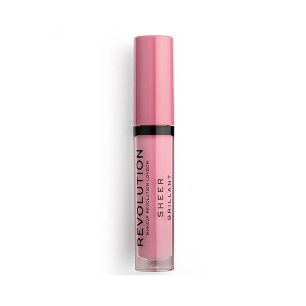 Lipgloss mit rosa Deckel. Aufschrift: REVOLUTION, SHEER, BRILLANT. Transparente Tube mit rosa Inhalt. Schwarzer Ring.