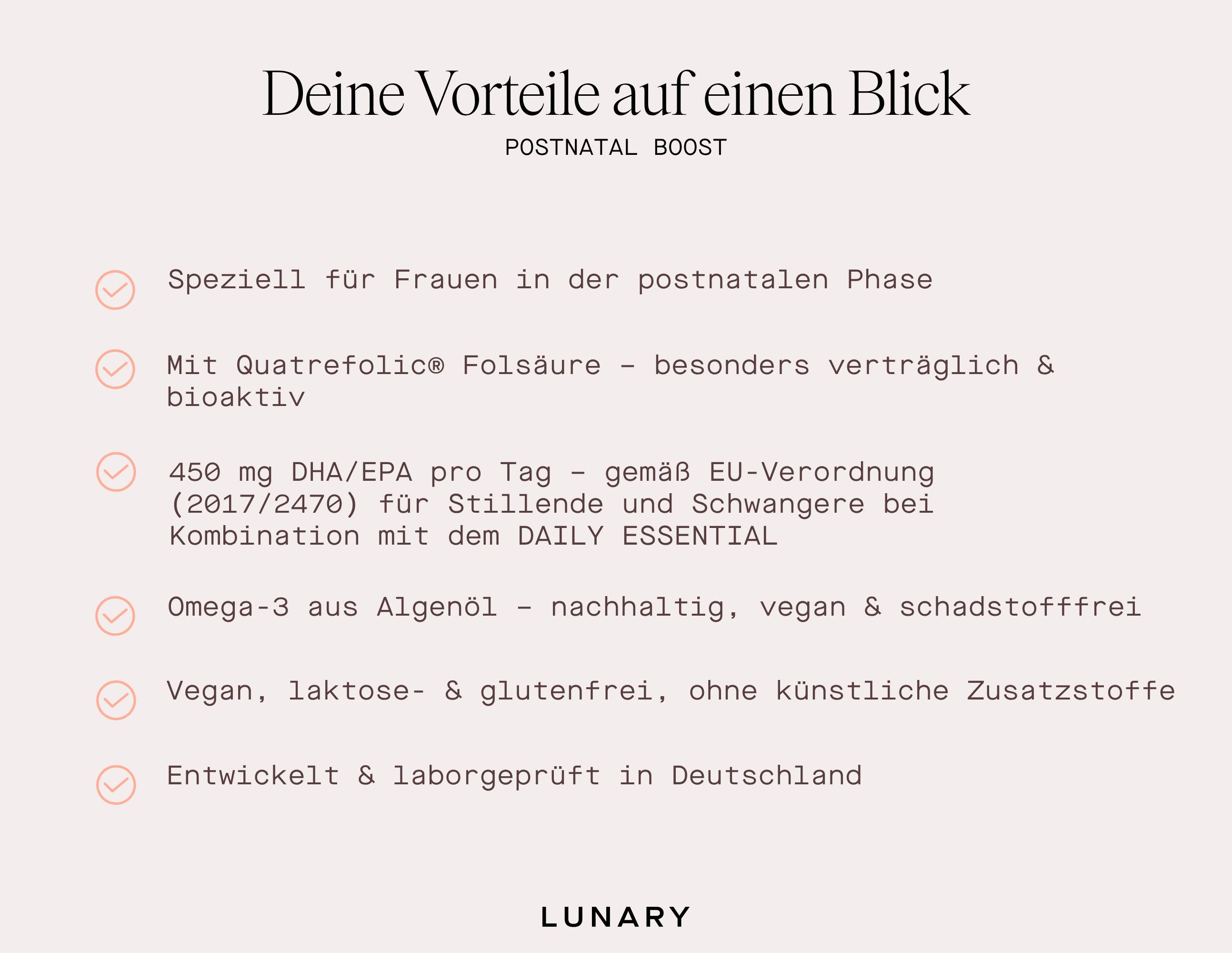 Text: "Deine Vorteile auf einen Blick". Aufzählung: speziell für Frauen, mit Quatrefolic, 450mg DHA/EPA, Omega-3, vegan, entwickelt in Deutschland.