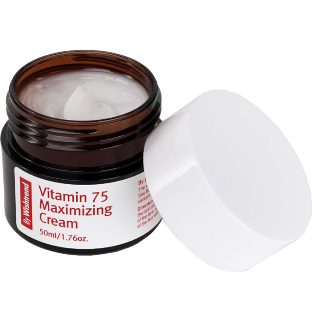 Braunes Glas mit weißem Deckel daneben. Aufkleber mit roter Schrift: Vitamin 75 Maximizing Cream. 50ml/1.76oz. Marke: By Wishtrend. Creme sichtbar.