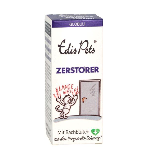 Produktverpackung mit Produktnamen und Logo. Abbildung einer Katze, die an einer Tür kratzt. Text: Zerstörer. Aufschrift: Globuli.