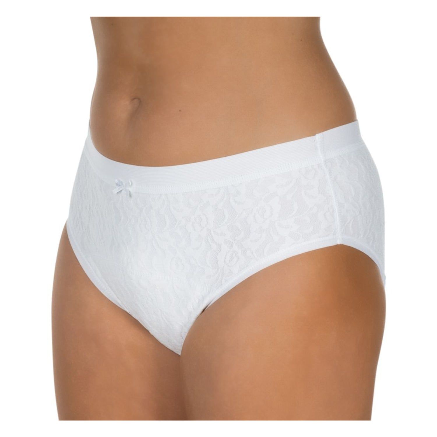 Weißer Spitzenslip. Kleiner Schleife am Bund. Floral gemustert. Mittlerer Beinausschnitt.