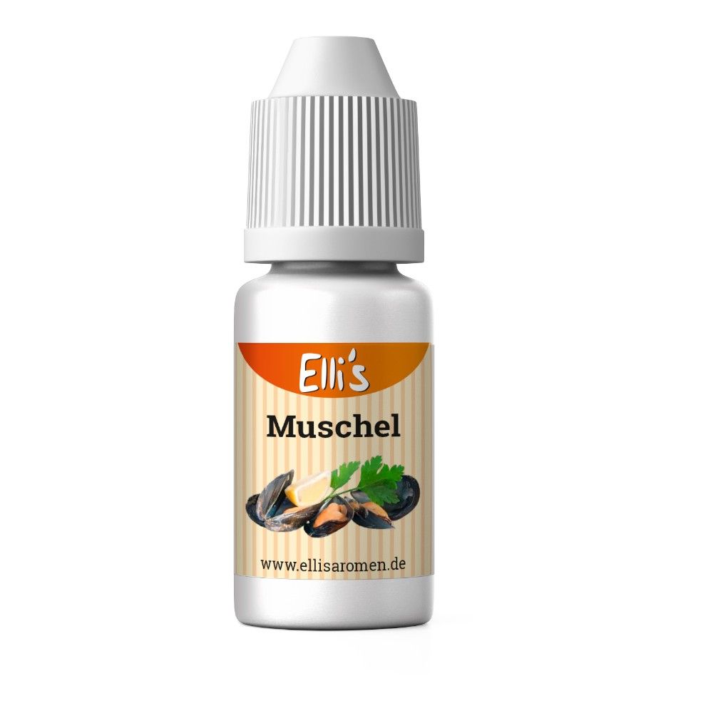 Fläschchen mit Etikett. Aufschrift: Elli's Muschel. Abbildung von Muscheln und Zitrone. Weißer Schraubverschluss.