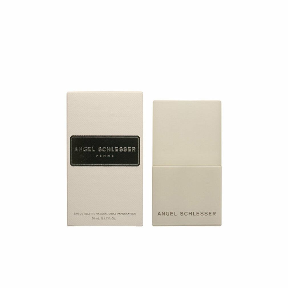 Beige Flakon und Verpackung. Schwarzes Rechteck mit "ANGEL SCHLESSER FEMME" auf der Verpackung. "EAU DE TOILETTE" darunter.