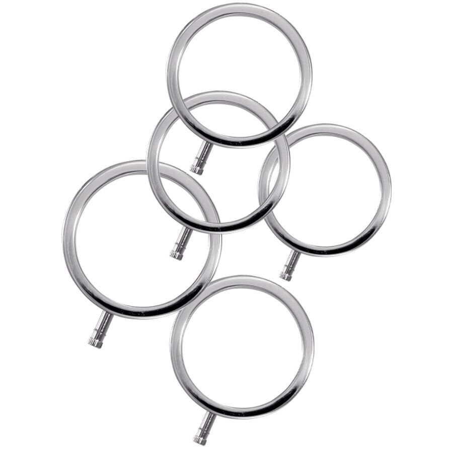 Fünf Metallringe mit Halterungen, angeordnet in einer überlappenden Anordnung. Die Ringe sind silberfarben und haben eine glatte Oberfläche.