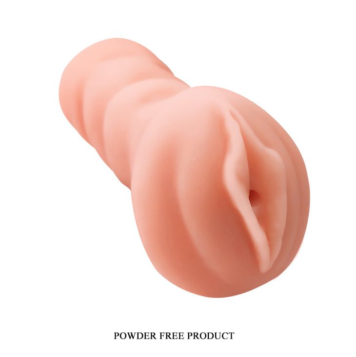 Fleischfarbener Masturbator mit geriffelter Oberfläche und Öffnung. Text: Powder Free Product.