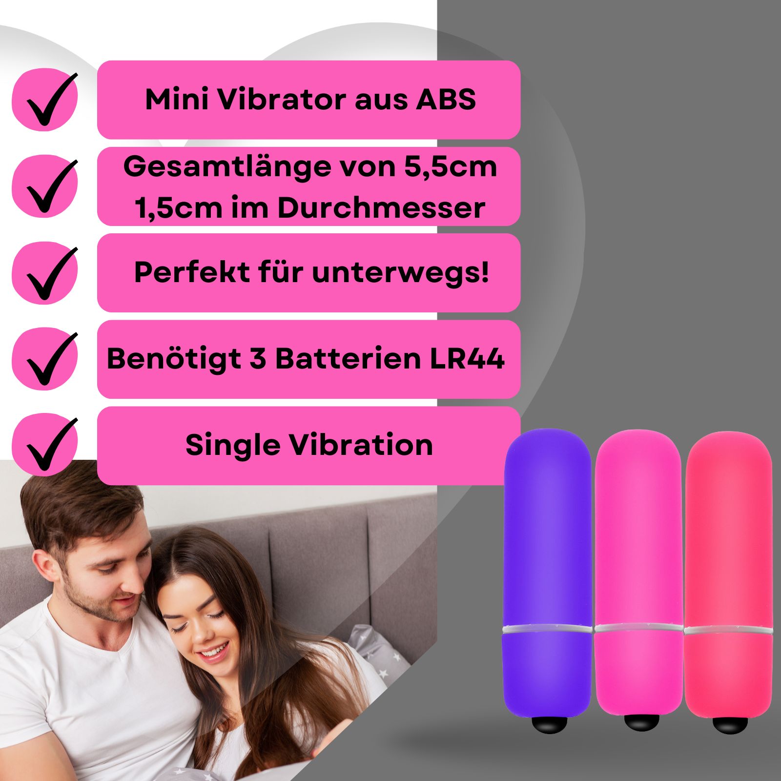 Produktabbildung mit Text. Mini-Vibrator mit ABS. Gesamtlänge 5,5 cm, Durchmesser 1,5 cm.