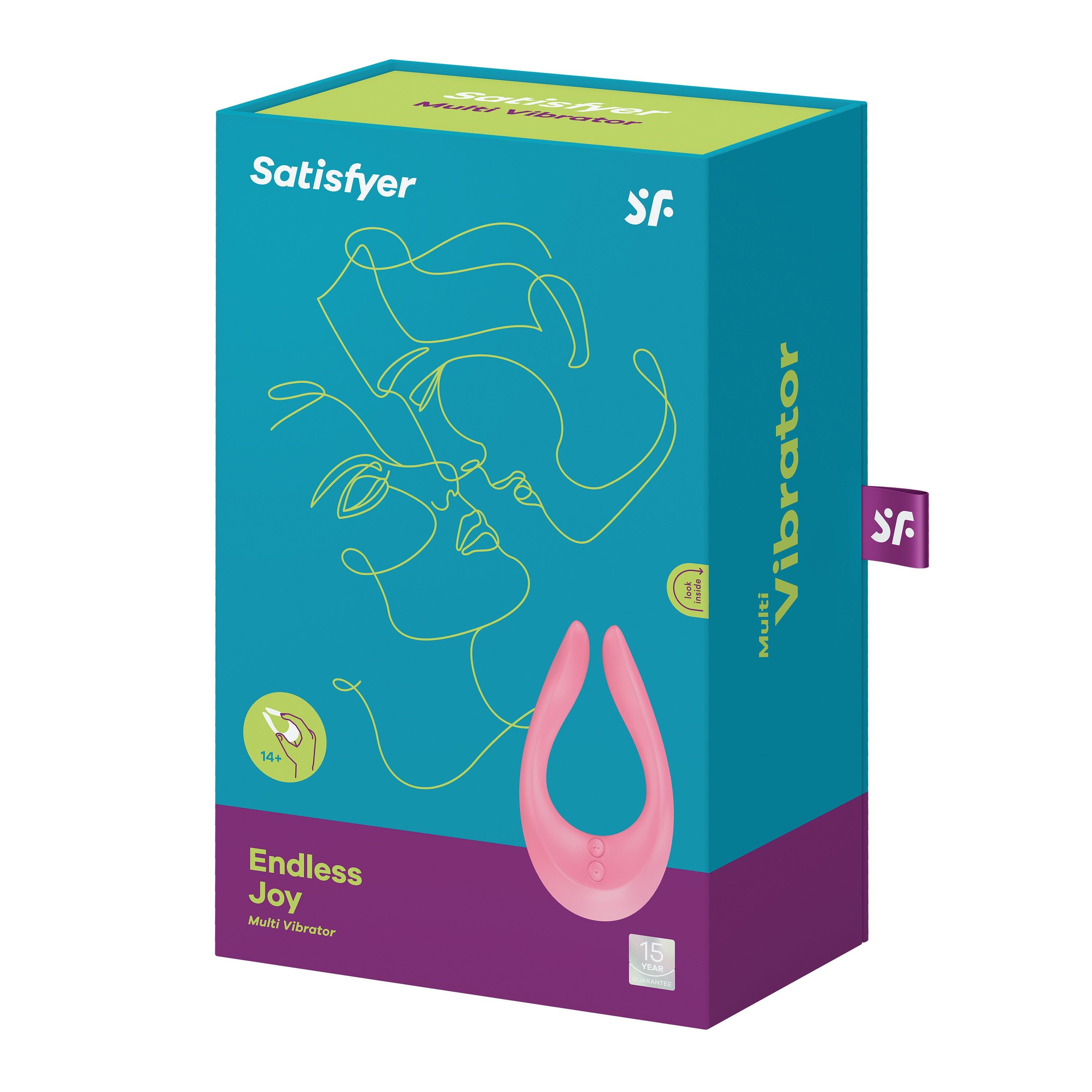 Verpackung des Wellness-Produkts. Blau-grüne Box mit Produktabbildung und Schriftzug 'Satisfyer'.