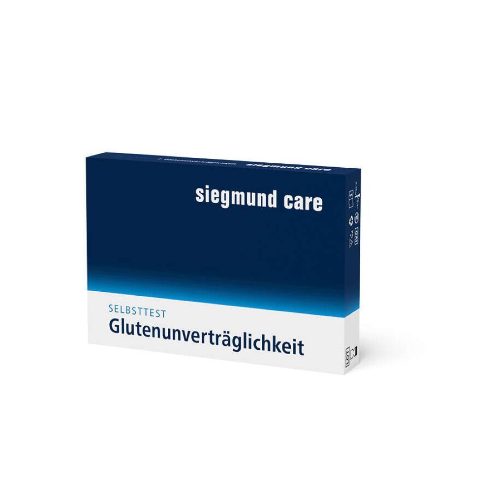 Blau-weiße Schachtel mit "siegmund care" und "Glutenunverträglichkeit Selbsttest" Schriftzug.