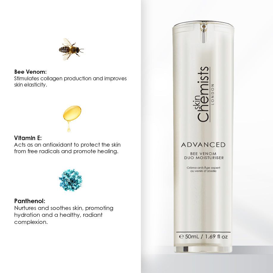 Weiße Flasche mit Text und Illustrationen. Auf der Flasche steht "skinChemists London" und "ADVANCED Bee Venom Duo Moisturiser". Illustrationen von Biene, Tropfen und Kristallen.