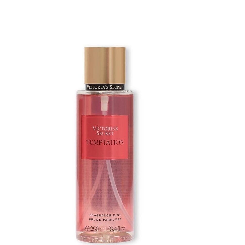 Victoria's Secret Temptation Körperspray, 250 ml. Rote Flüssigkeit in transparenter Flasche mit goldenem Verschluss.