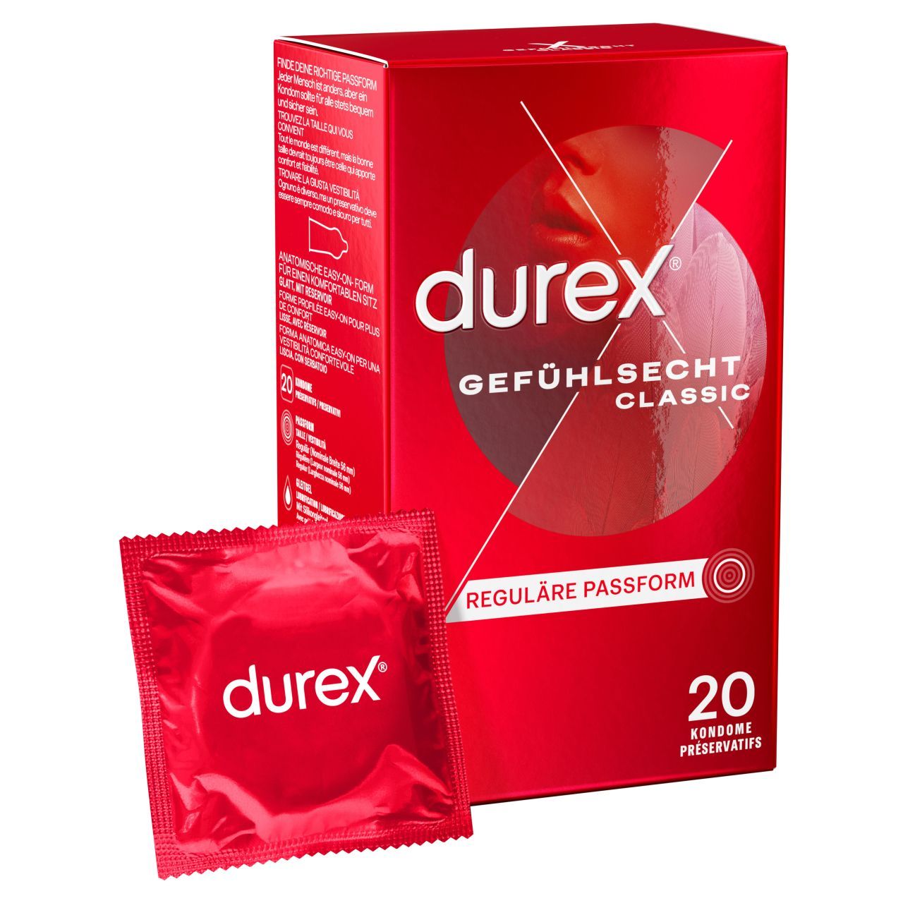 Durex Gefühlsecht Classic Kondom-Packung mit 20 Stück und einer Einzelpackung.