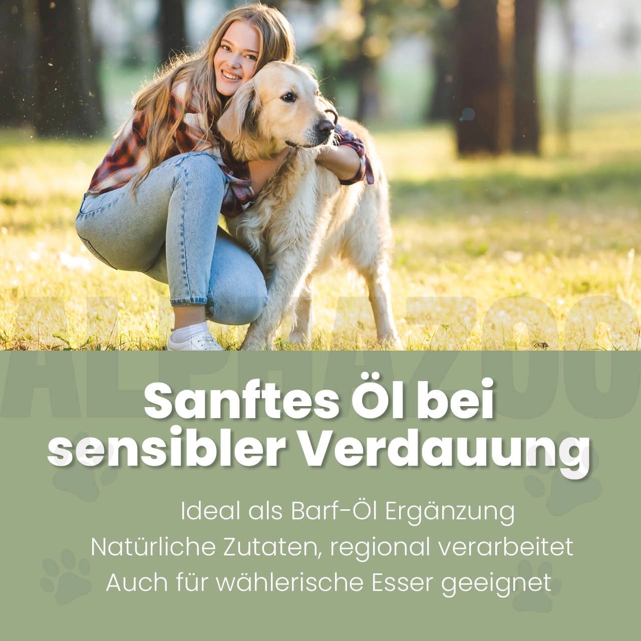 Junge Frau umarmt Golden Retriever. Text: Sanftes Öl bei sensibler Verdauung. Ideal als Barf-Öl Ergänzung.