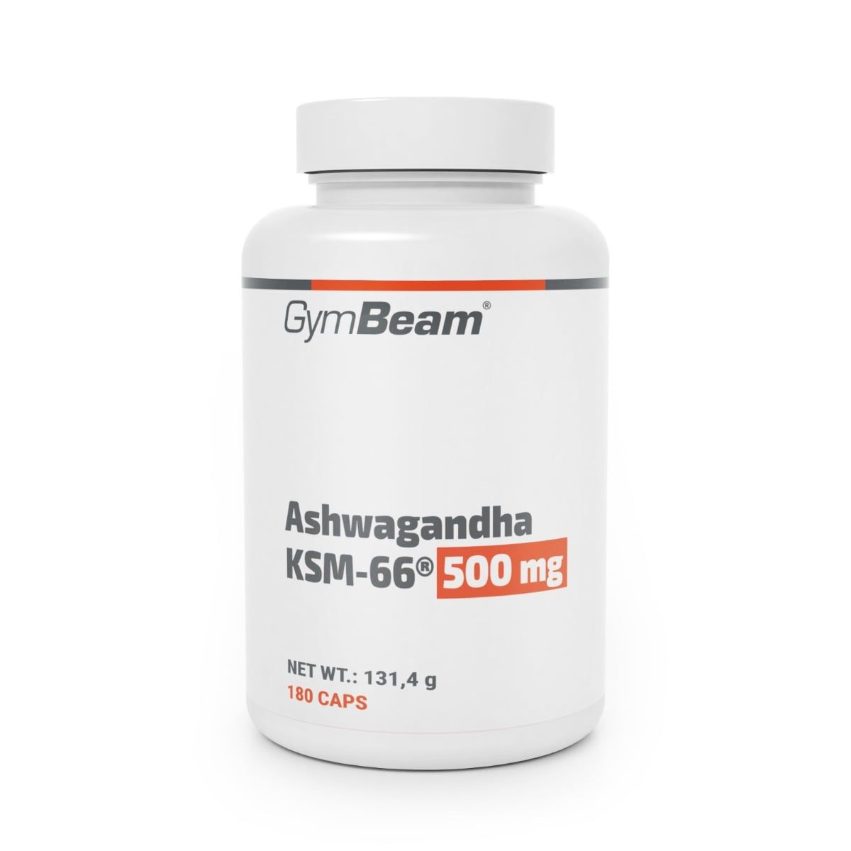 GymBeam Ashwagandha KSM-66 Kapseln: weiße Dose mit rotem und schwarzem Etikett. Enthält 180 Kapseln.