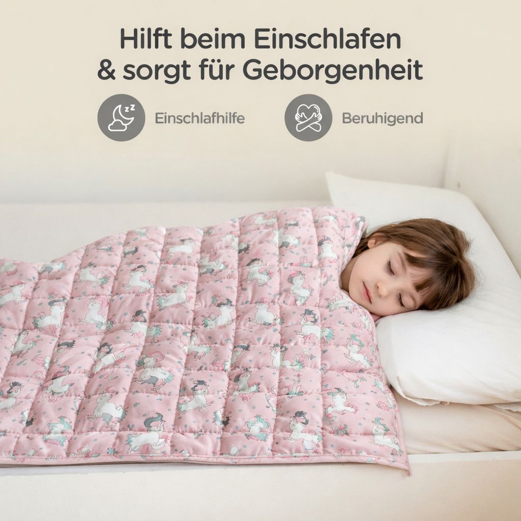 Kind schläft unter rosa Gewichtsdecke mit Einhorn-Motiv, beruhigend.