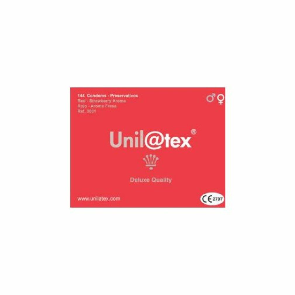 Rote Verpackung mit Unil@tex-Logo, 144 Kondome, Erdbeeraroma. CE-Kennzeichnung.