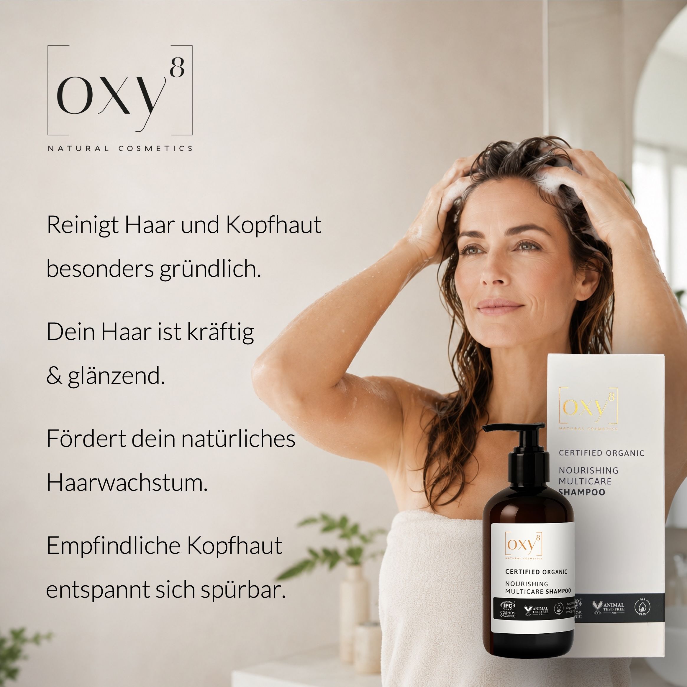 Werbung mit Frau, die sich die Haare wäscht. Shampoo-Flasche und Text.