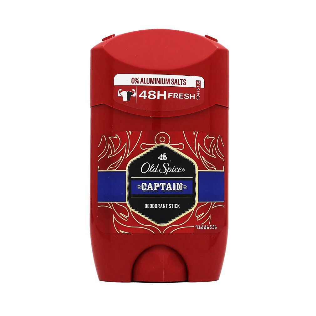 Roter Deostift mit weißem Logo und Schriftzug. Aufschrift: Old Spice Captain Deodorant Stick. 0% Aluminiumsalze.