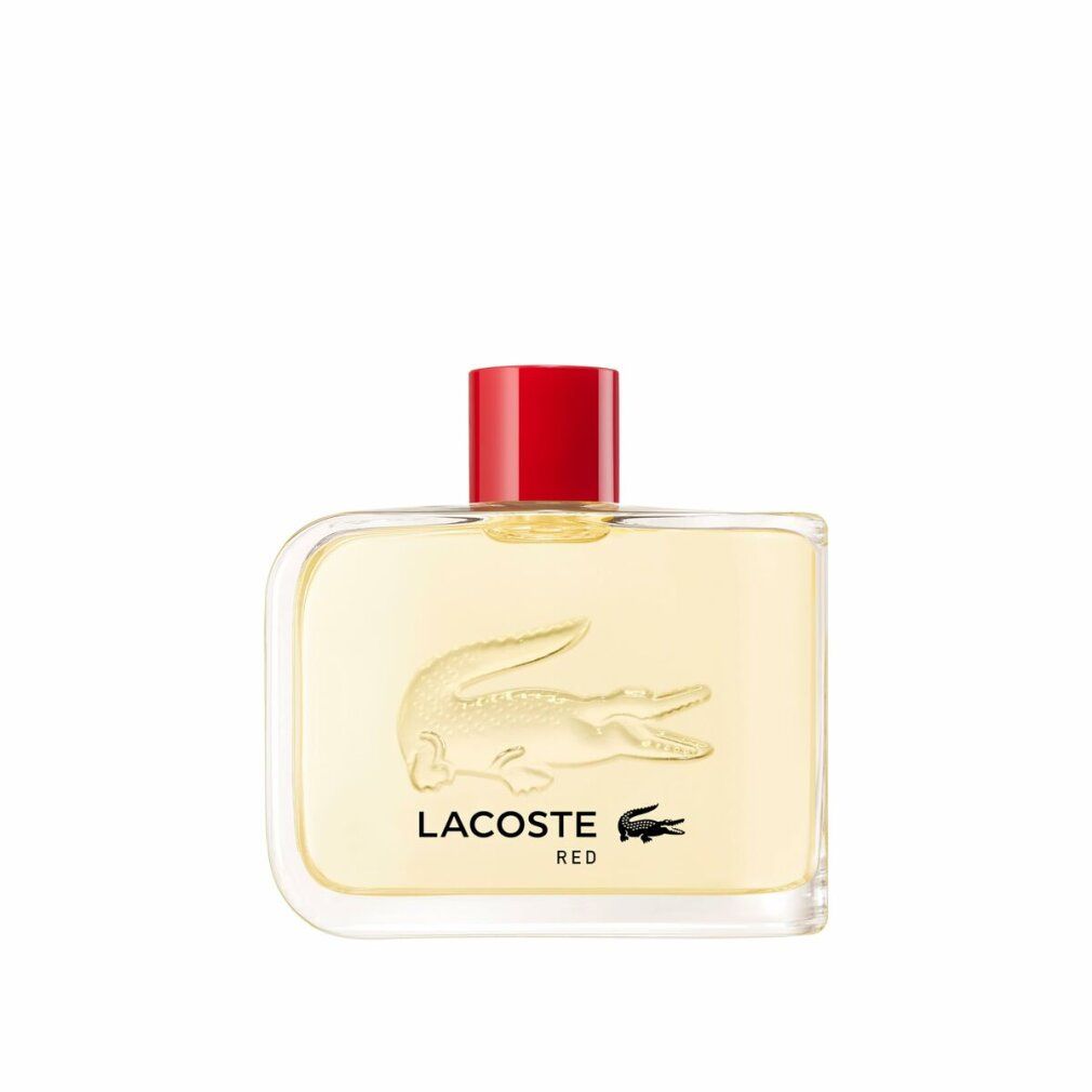 Lacoste Eau de Toilette Touche Rouge Flakon mit rotem Verschluss und Krokodil-Prägung. Kartonverpackung mit Krokodil-Logo.
