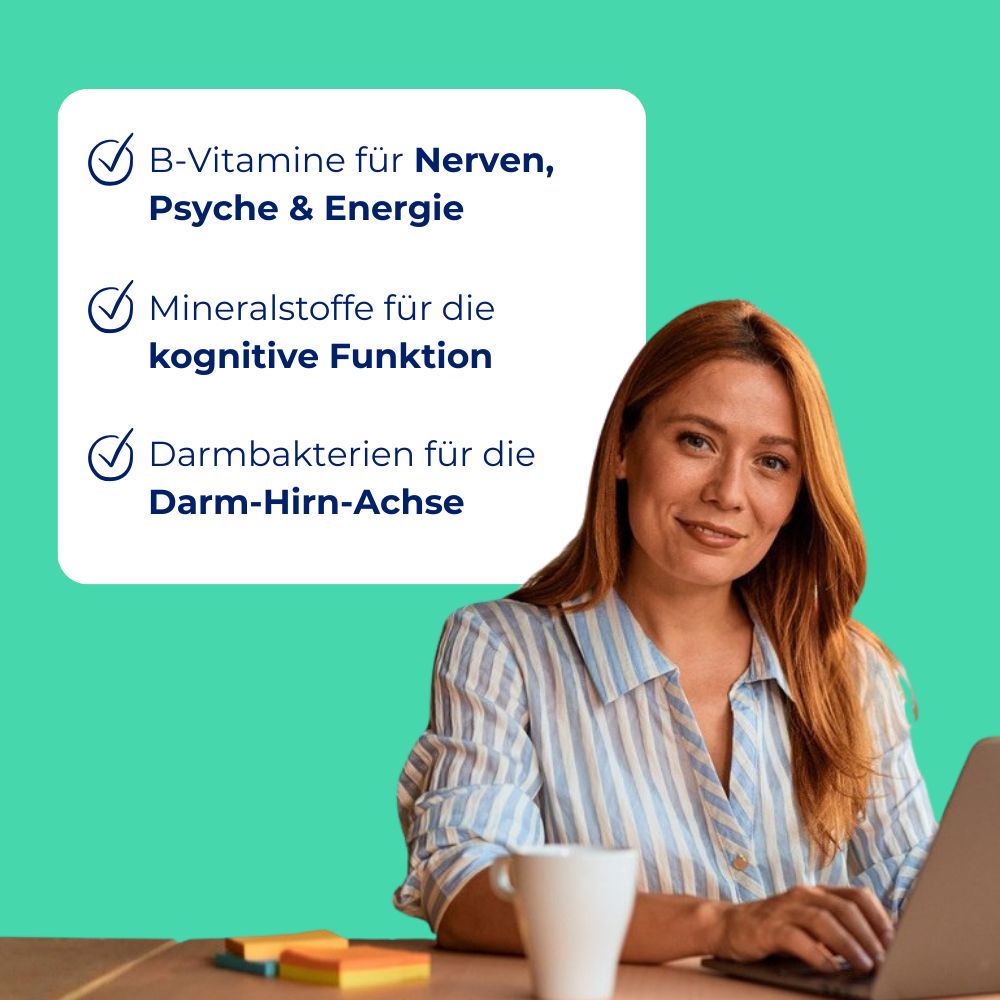 Frau am Laptop. Text: B-Vitamine für Nerven, Psyche & Energie, Mineralstoffe für die kognitive Funktion, Darmbakterien für die Darm-Hirn-Achse.