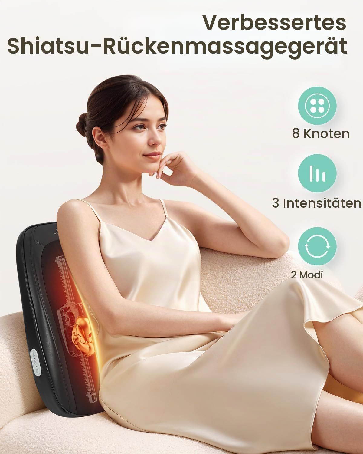 Schwarzes Shiatsu-Rückenmassagegerät mit 8 Knoten, 3 Intensitäten und 2 Modi.