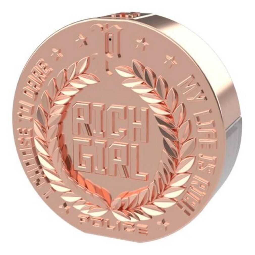 Runder Flakon mit Aufschrift RICH GIRL. Roségoldfarbenes Design mit Lorbeerkranz und Sternen. Marke: POLICE.