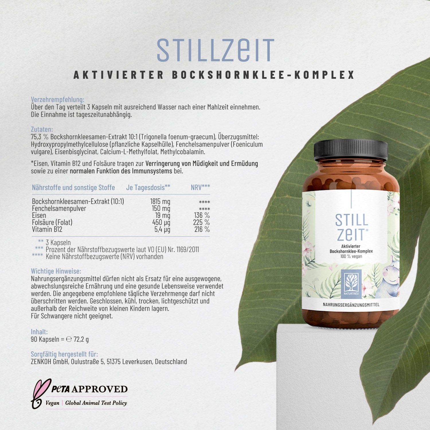 Produktflasche mit Text und Inhaltsangaben. PETA-Logo. Text: Aktivierter Bockshornklee-Komplex. 90 Kapseln. Vegan.