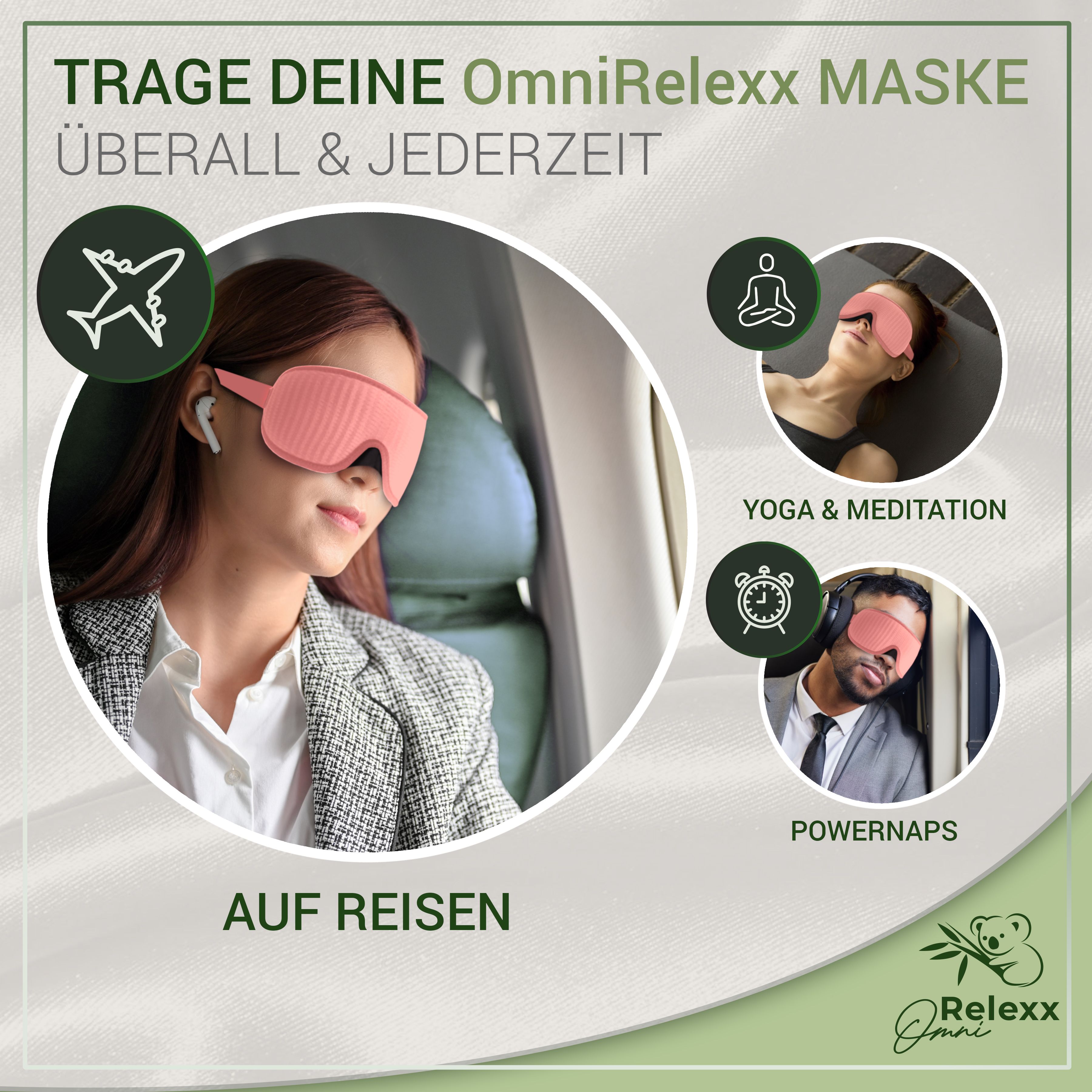 Frau mit Schlafmaske im Flugzeug, Yoga, Powernaps. Marke Relexx Omni.