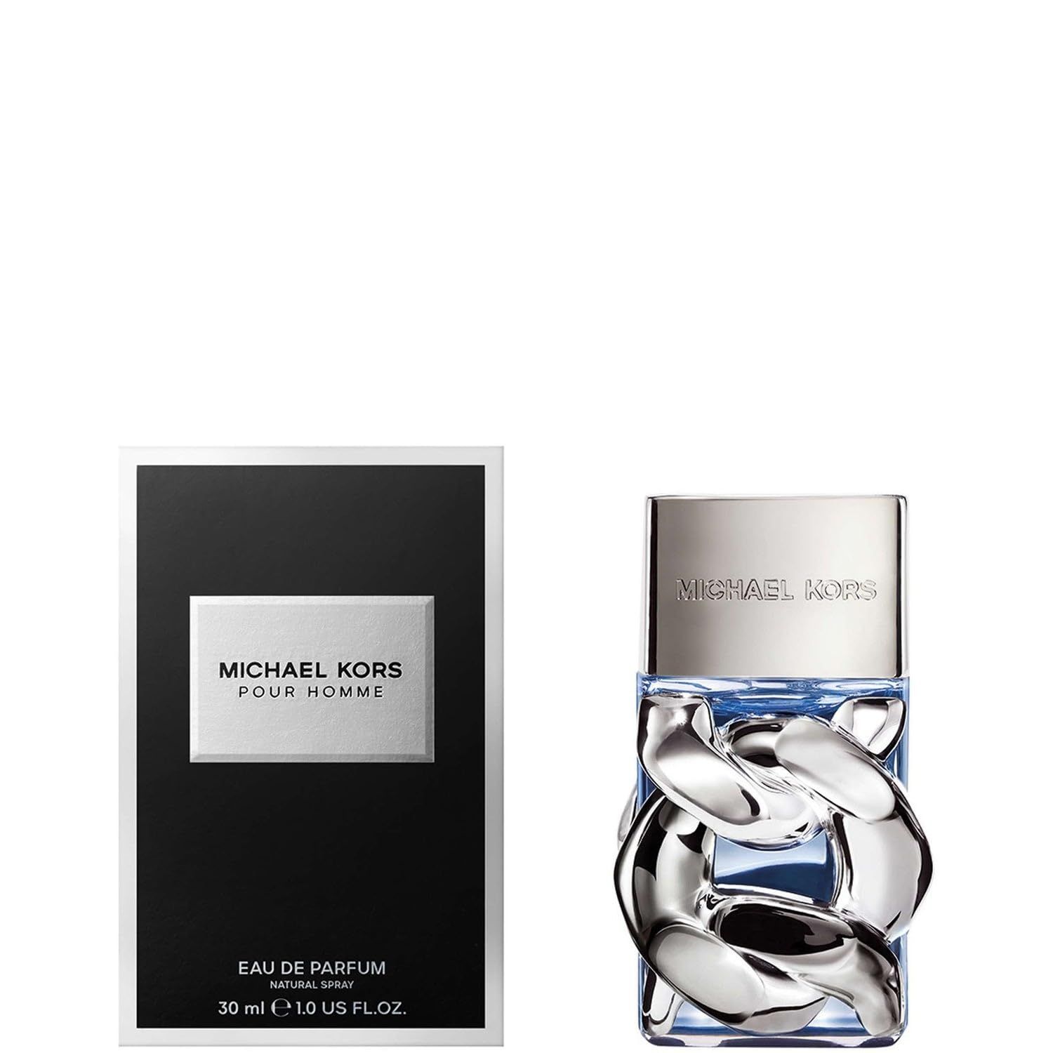 Eau de Parfum von Michael Kors. Schwarze Verpackung mit weißem Logo. Flakon mit silberner Kappe und Kette.
