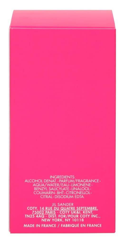 Rosa Verpackung mit weißen Texten. Enthält Inhaltsstoffe, Jil Sander-Adresse, Herstellungsland.