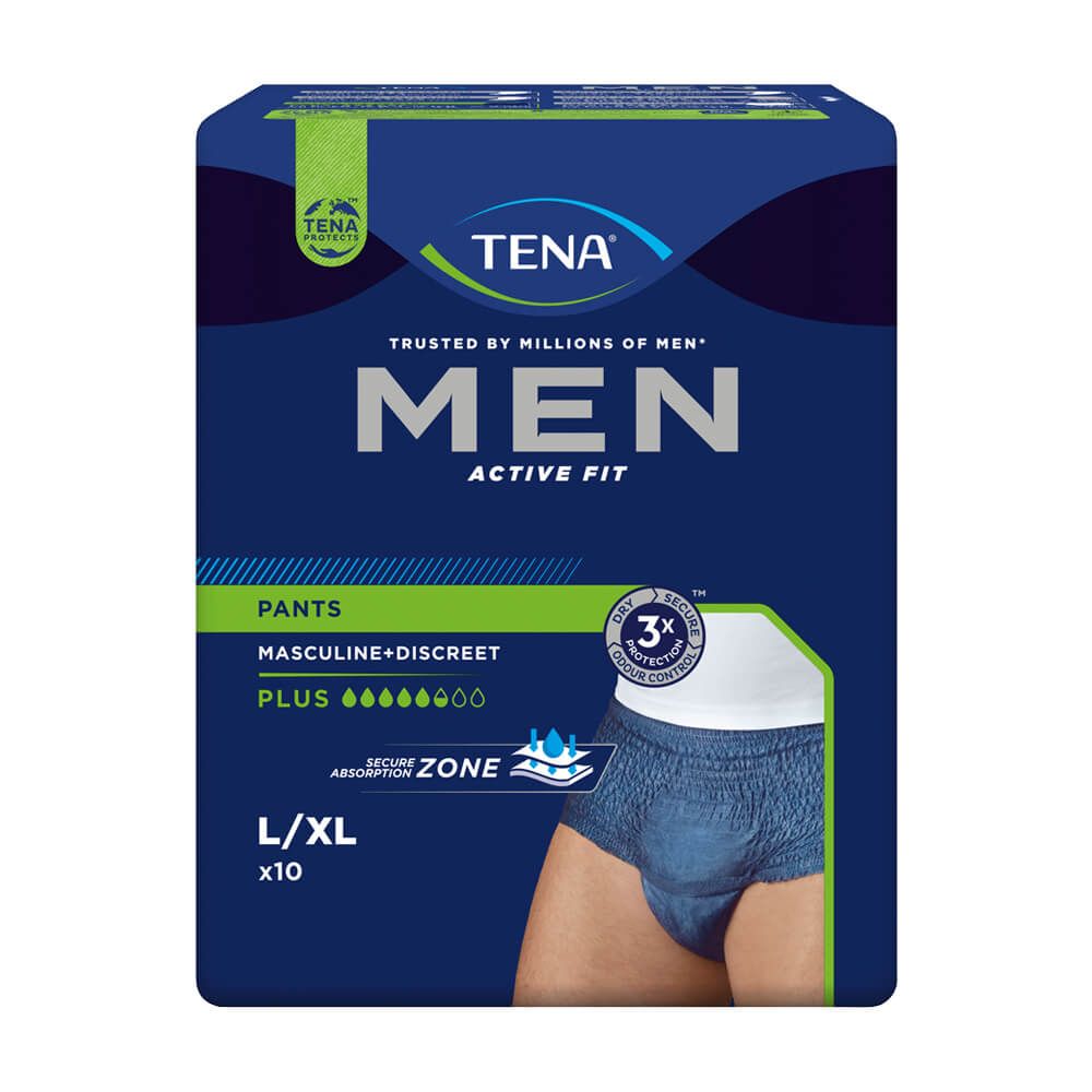 Verpackung TENA MEN Active Fit Pants Plus L/XL. Blaue Verpackung mit Produktabbildung und Logo. Größe L/XL, 10 Stück.