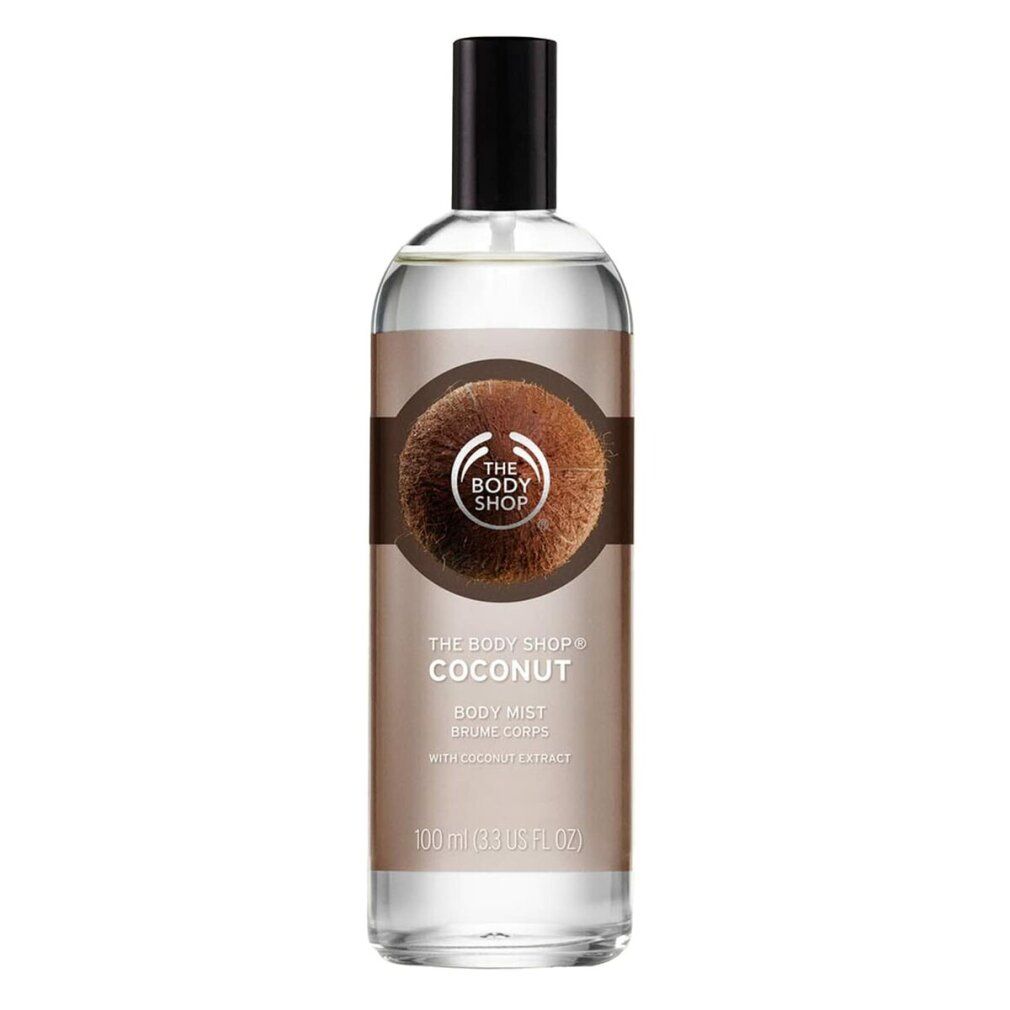 Körpernebel-Flasche mit Kokosnuss-Design. Schwarzer Sprühkopf. Aufschrift: "Coconut".