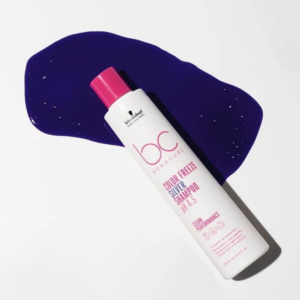 Weißes Shampoo mit pinkfarbenem Deckel und lila Flüssigkeit. Aufschrift: Schwarzkopf, BC Bonacure Color Freeze Silver Shampoo pH 4.5.