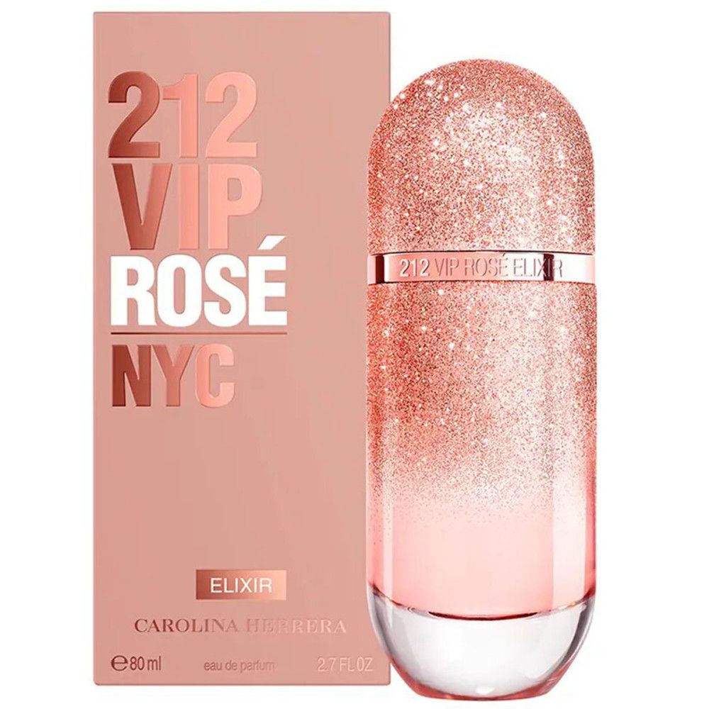 Rosafarbener Flakon und Verpackung. Aufschrift: 212 VIP Rosé NYC, Élixir, Carolina Herrera.
