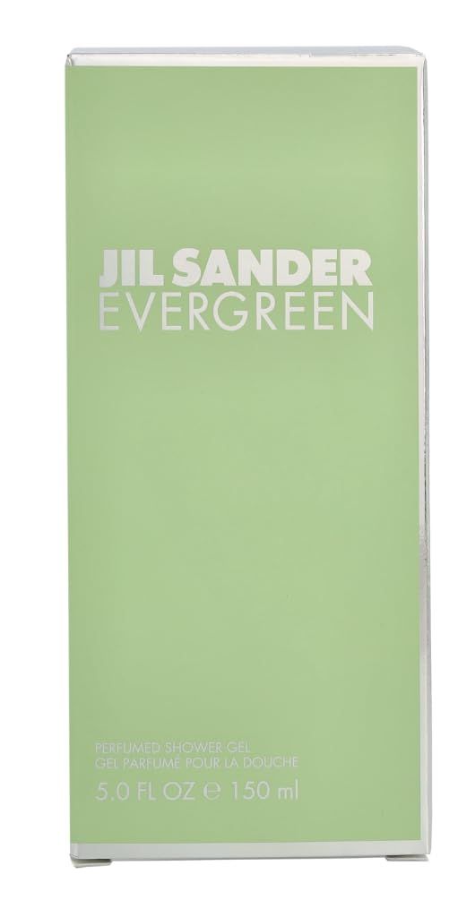 Hellgrüne Schachtel mit Aufschrift Jil Sander Evergreen. Text: Perfumed Shower Gel. 5.0 FL OZ e 150 ml.